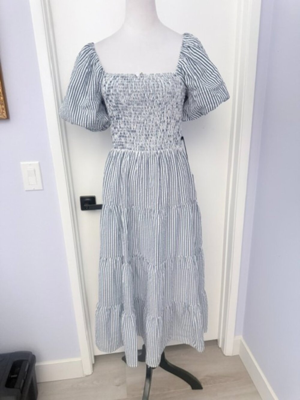 Printed stripes seersucker fabric, smocking front and back top bodice midi dress